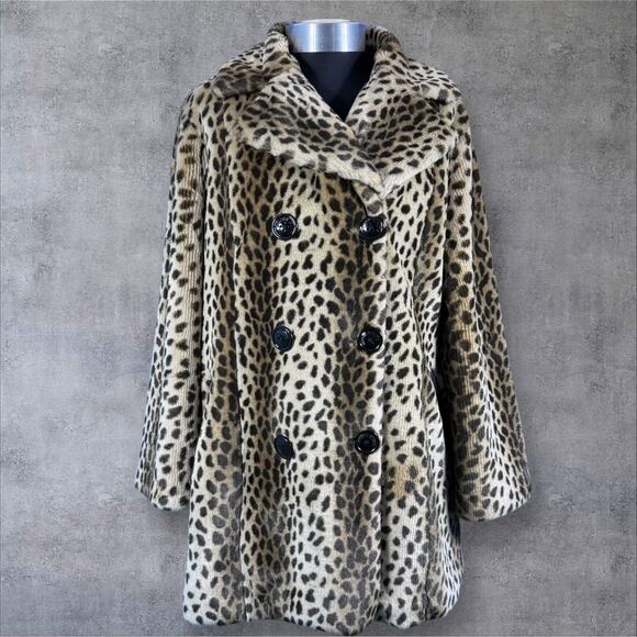 Vintage Miss Sixty Cheetah Print Faux Fur Coat Double Breasted Jacket Women's L - Picture 1 of 14